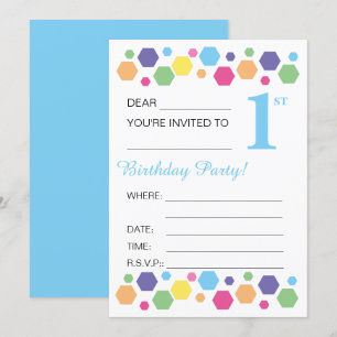 Invitación illusima Hexigons, azul, primer Fiesta de cumpleañ