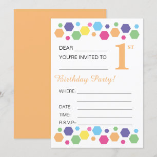 Invitación illusima Hexigons, Naranja, primer Fiesta de cumpl