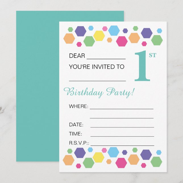 Invitación illusima Hexigons, turquesa, Fiesta de primer cump (Anverso / Reverso)