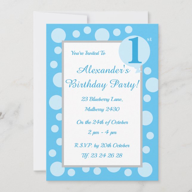 Invitación illusima Light Blue Spots & Dots Boys 1º cumpleaño (Anverso)