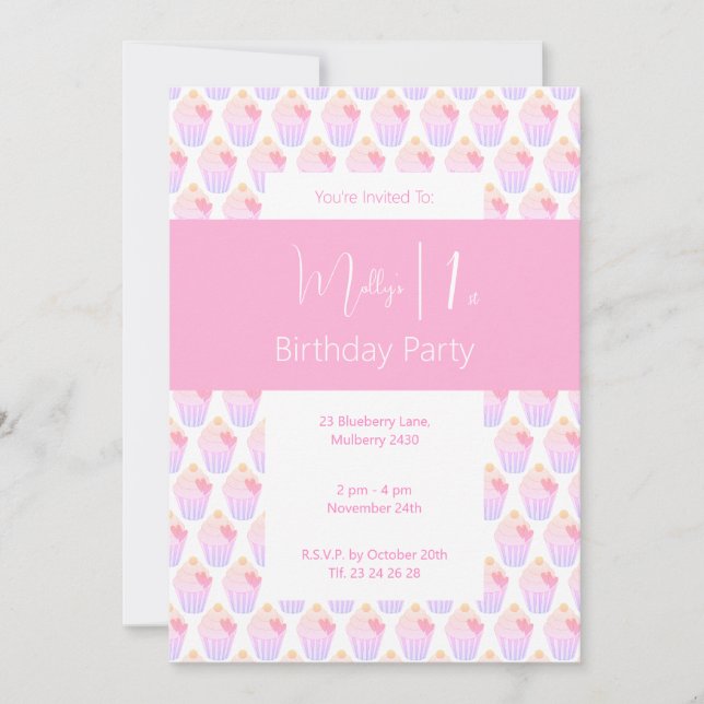 Invitación illusima pastelitos de arcoiris primer Fiesta de c (Anverso)