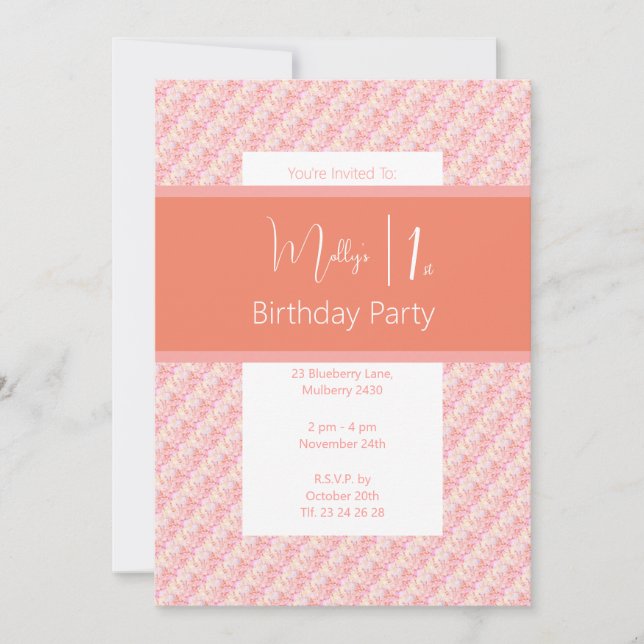 Invitación illusima Peach Tones Pink Floral 1º cumpleaños (Anverso)