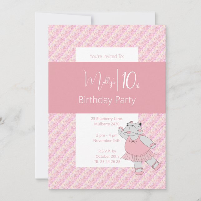 Invitación illusima Pink Ballerina Hippo 10 cumpleaños (Anverso)