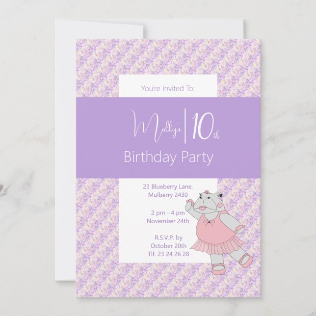 Invitación illusima Purple Ballerina Hippo 10 cumpleaños (Anverso)
