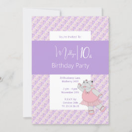 Invitación illusima Purple Ballerina Hippo 10 cumpleaños
