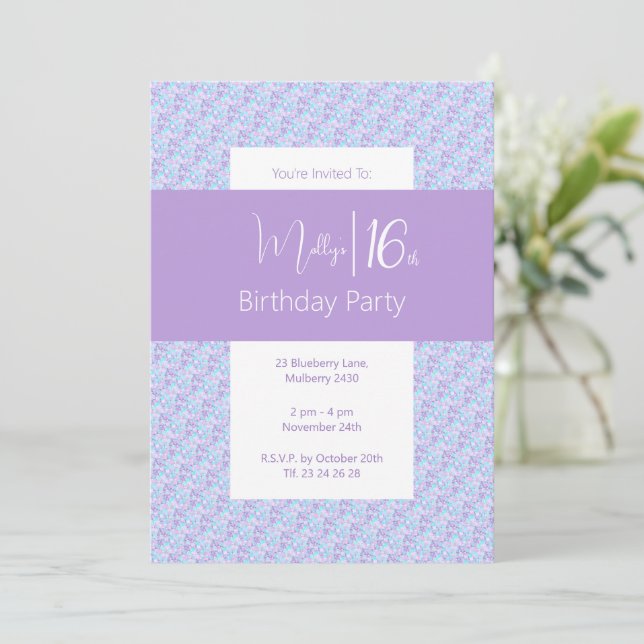 Invitación illusima Purple Floral Pattern Adolescentes 16º cu (Anverso de pie)