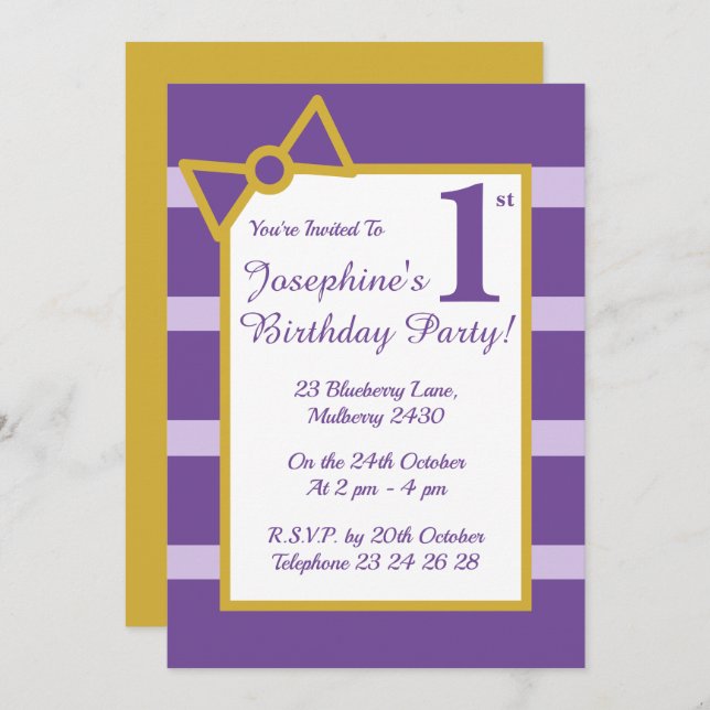 Invitación illusima Purple Stripes Chicas Gold Birday Party (Anverso / Reverso)