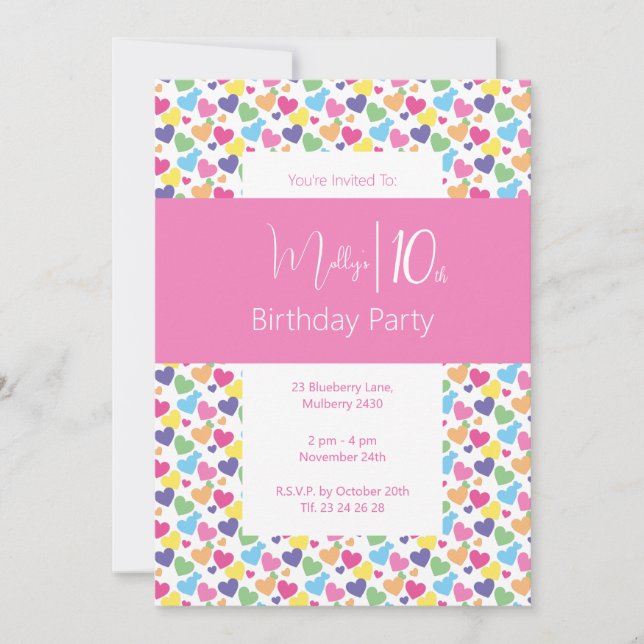 Invitación illusima Rainbow Love Hearts Chicas 10 cumpleaños (Anverso)