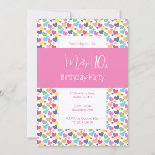Invitación illusima Rainbow Love Hearts Chicas 10 cumpleaños