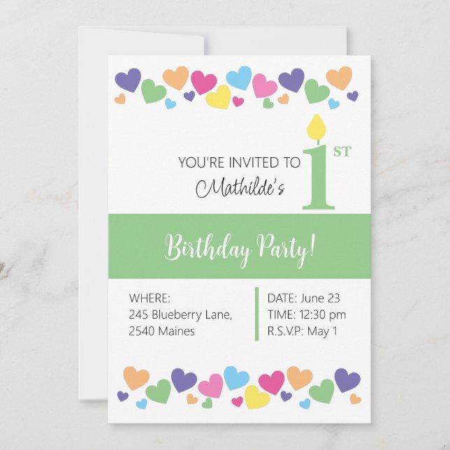 Invitación illusima Rainbow Love Hearts, Green 1º cumpleaños (Anverso)