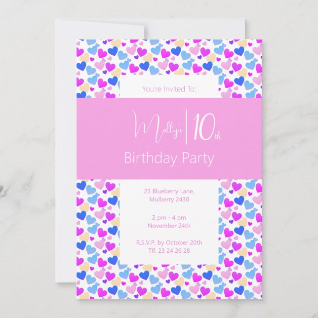 Invitación illusima Rainbow Love Hearts Pink 10 cumpleaños (Anverso)