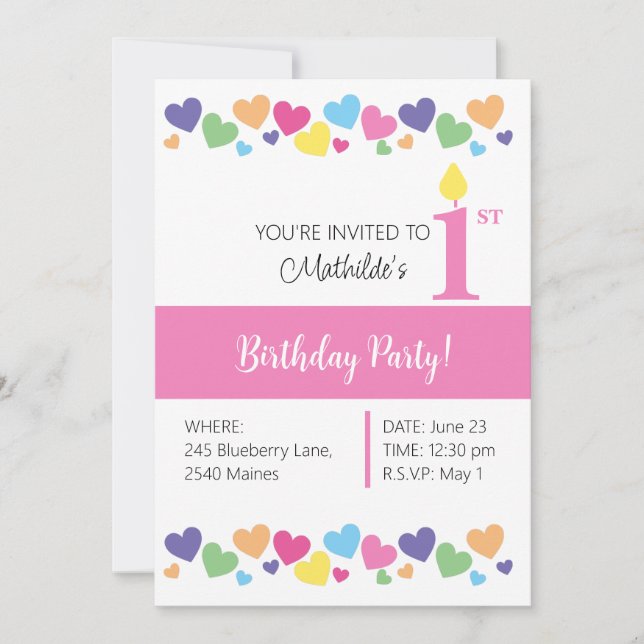 Invitación illusima Rainbow Love Hearts, Pink 1day (Anverso)