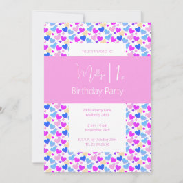 Invitación illusima Rainbow Love Hearts Pink 1er cumpleaños