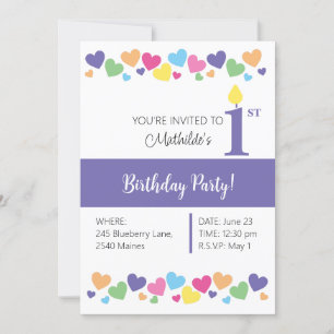 Invitación illusima Rainbow Love Hearts, Purple 1er cumpleaño