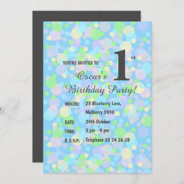 Invitación illusima Rainbow Pastel Dots Bots Blue Birthday In