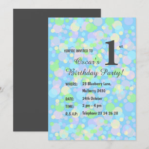 Invitación illusima Rainbow Pastel Dots Bots Blue Birthday In