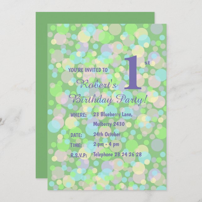 Invitación illusima Rainbow Pastel Dots Bots Green Birday I (Anverso / Reverso)