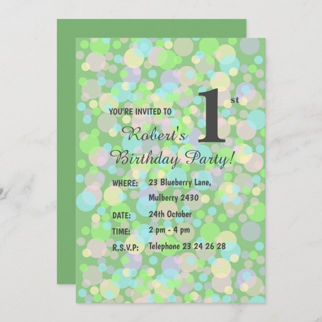 Invitación illusima Rainbow Pastel Dots Bots Green Birday I (Anverso / Reverso)