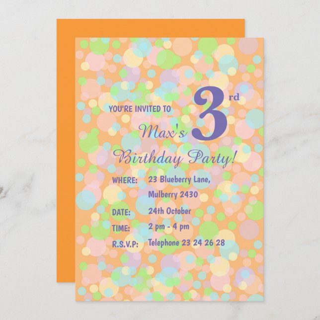 Invitación illusima Rainbow Pastel Dots Boys Naranja Cumpleañ (Anverso / Reverso)