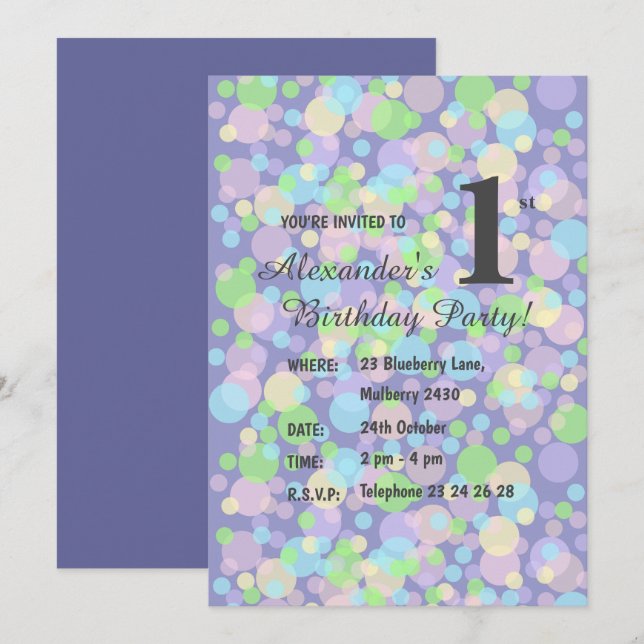 Invitación illusima Rainbow Pastel Dots Boys Purple Cumpleaño (Anverso / Reverso)
