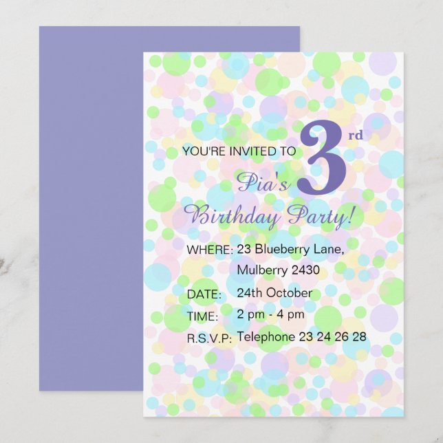 Invitación illusima Rainbow Pastel Dots Chicas Purple Cumplea (Anverso / Reverso)