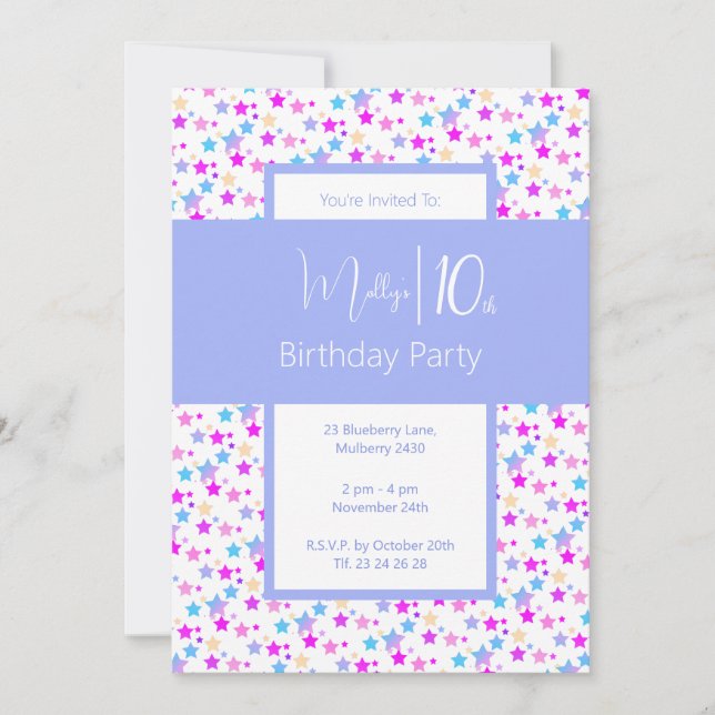 Invitación illusima Rainbow Stars Chicas azules 10 cumpleaños (Anverso)