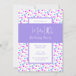 Invitación illusima Rainbow Stars Purple Chicas 10 cumpleaños
