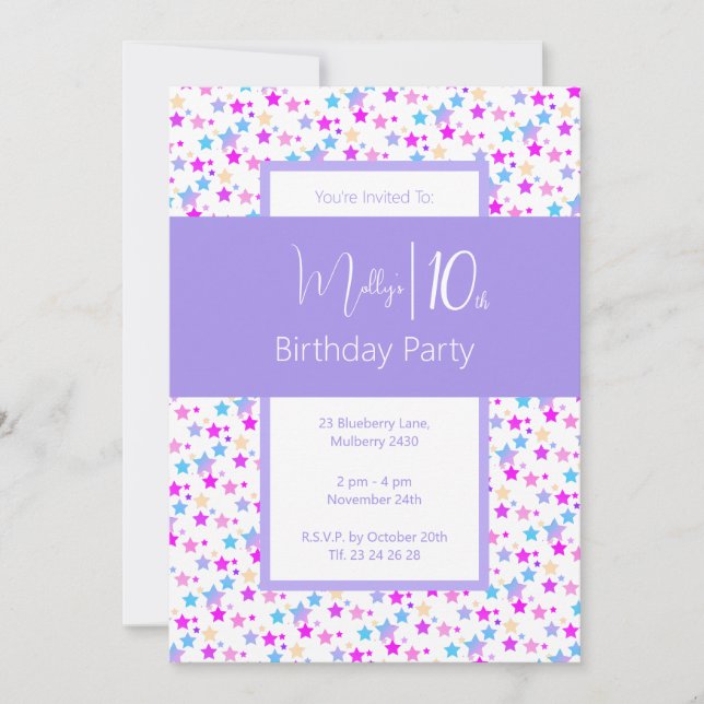 Invitación illusima Rainbow Stars Purple Chicas 10 cumpleaños (Anverso)