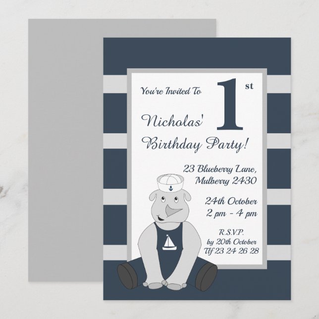 Invitación illusima Sailor Rhino Boys Blue Birthday Party (Anverso / Reverso)