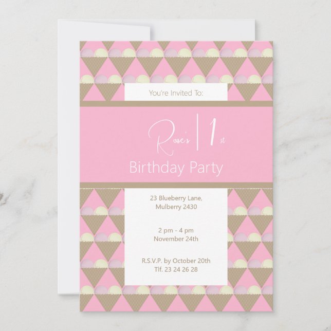 Invitación illusima Strawberry Vanilla helado 1er cumpleaños (Anverso)