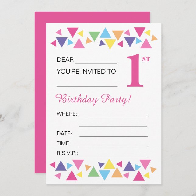 Invitación illusima Triángulos, Pink Back, 1er Fiesta (Anverso / Reverso)