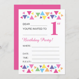 Invitación illusima Triángulos, Pink Back, 1er Fiesta