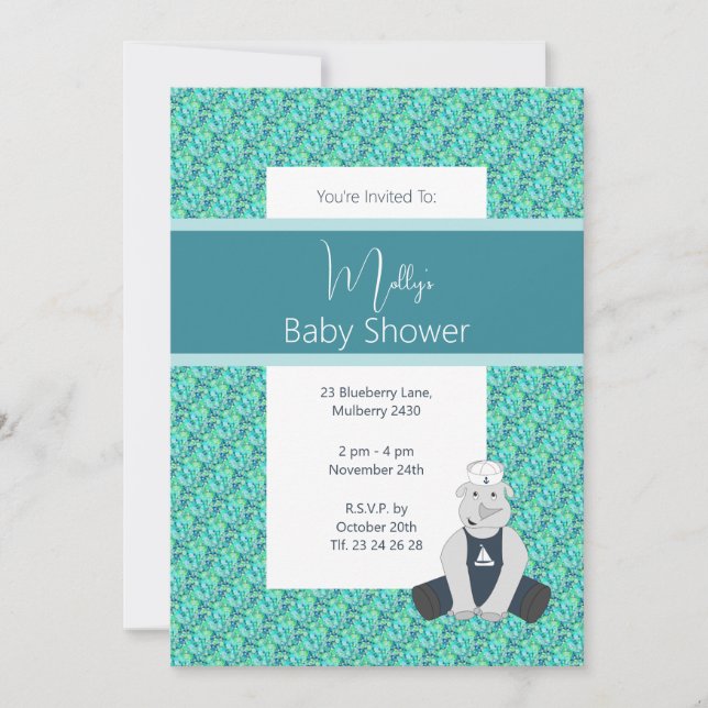 Invitación illusima Turquoise Floral Sailor Rhino Baby Shower (Anverso)