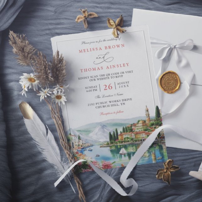 Invitación Illustrated Lake Como Italy Modern QR Code Wedding (Subido por el creador)