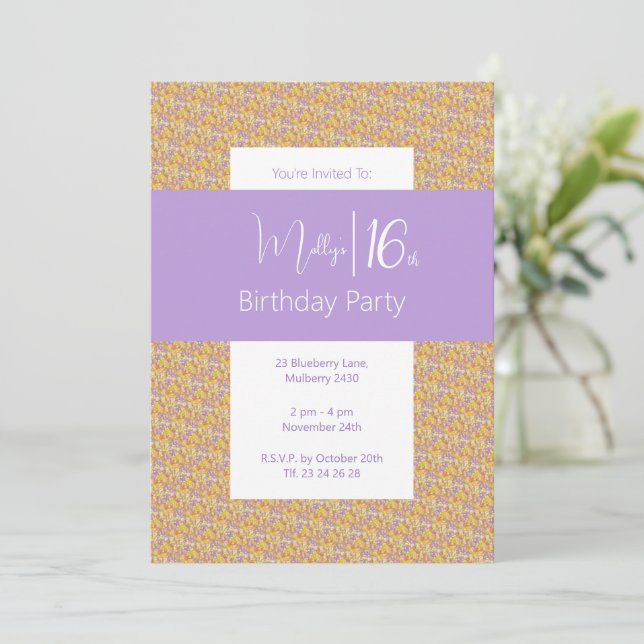 Invitación Ilumina Adolescentes Florales Amarillo Púrpura 16  (Anverso de pie)