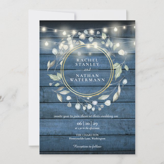 Invitación Iluminación de cadena Azul Rústico Madera Boda en (Anverso)