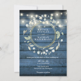 Invitación Iluminación de cadena Azul Rústico Madera Boda en