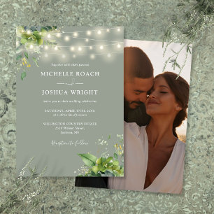 Invitación Iluminación de cadena verde foto Boda verde sabio
