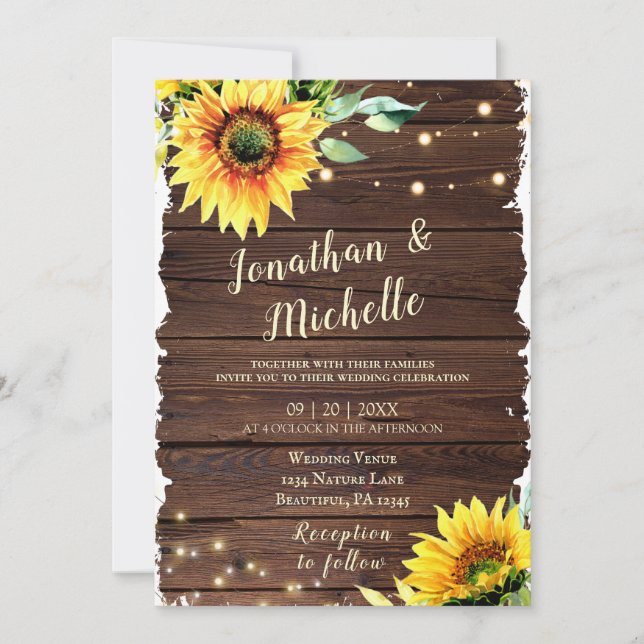 Invitación Iluminación de girasol en Boda cristiano de madera (Anverso)