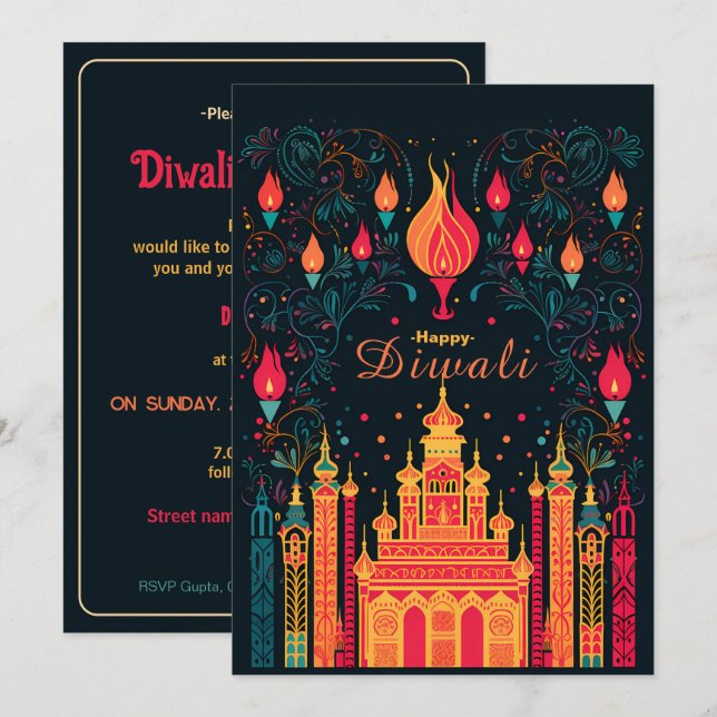 Invitación Iluminación divina: Celebración del Diwali (Anverso / Reverso)