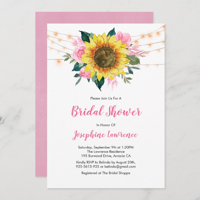 Invitación Iluminación rosa rosada de girasol Ducha de novia (Anverso / Reverso)