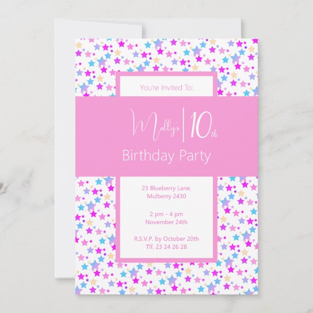 Invitación Iluminosa Estrellas arcoiris Chicas rosados 10 cum (Anverso)