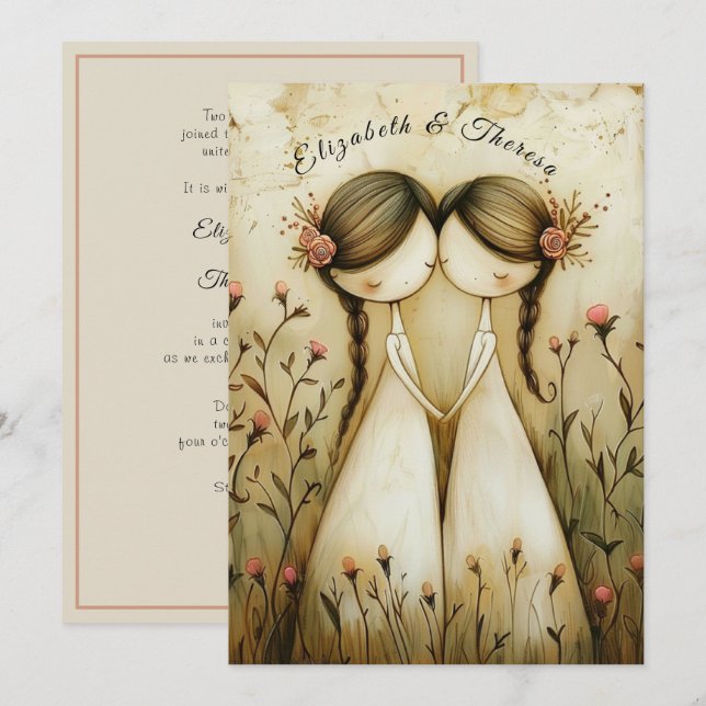 Invitación Ilustración a lápiz dibujada a mano de dos novias  (Anverso / Reverso)