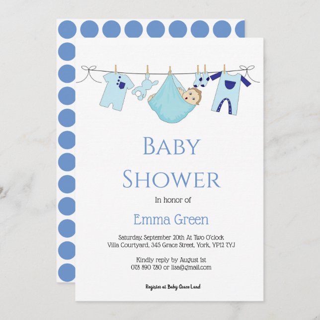 Invitación Ilustracion azul simple Baby Shower (Anverso / Reverso)