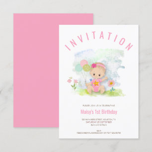 Invitación Ilustracion bebé Rosa Primera fiesta de cumpleaños