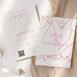 Invitación Ilustracion caprichoso con el código QR Boda RSVP