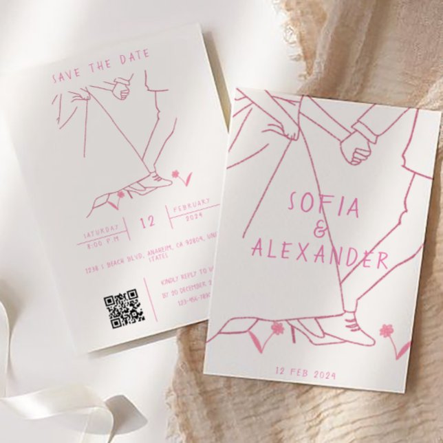 Invitación Ilustracion caprichoso con el código QR Boda RSVP (Wedding Invitation)