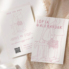 Invitación Ilustracion caprichoso con el código QR Boda RSVP