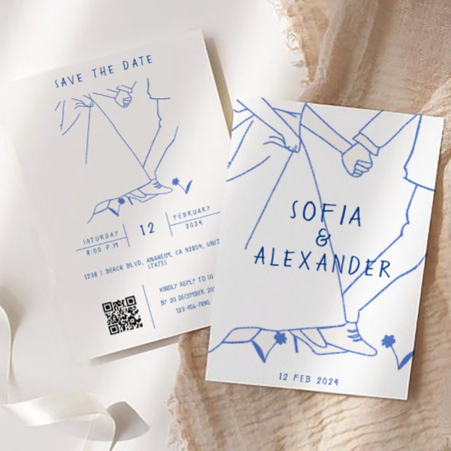 Invitación Ilustracion caprichoso con el código QR Boda RSVP (Wedding Invitation)