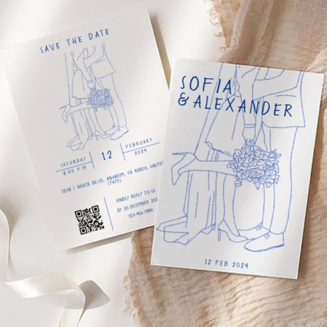 Invitación Ilustracion caprichoso con el código QR Boda RSVP (Wedding Invitation)